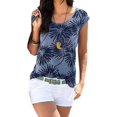 thumbnail image 1 of Camisa de manga corta para mujer, Top con cuello redondo, Camisa estampada con hojas, Top informal holgado de verano, azul marino XXL, 1 of 3