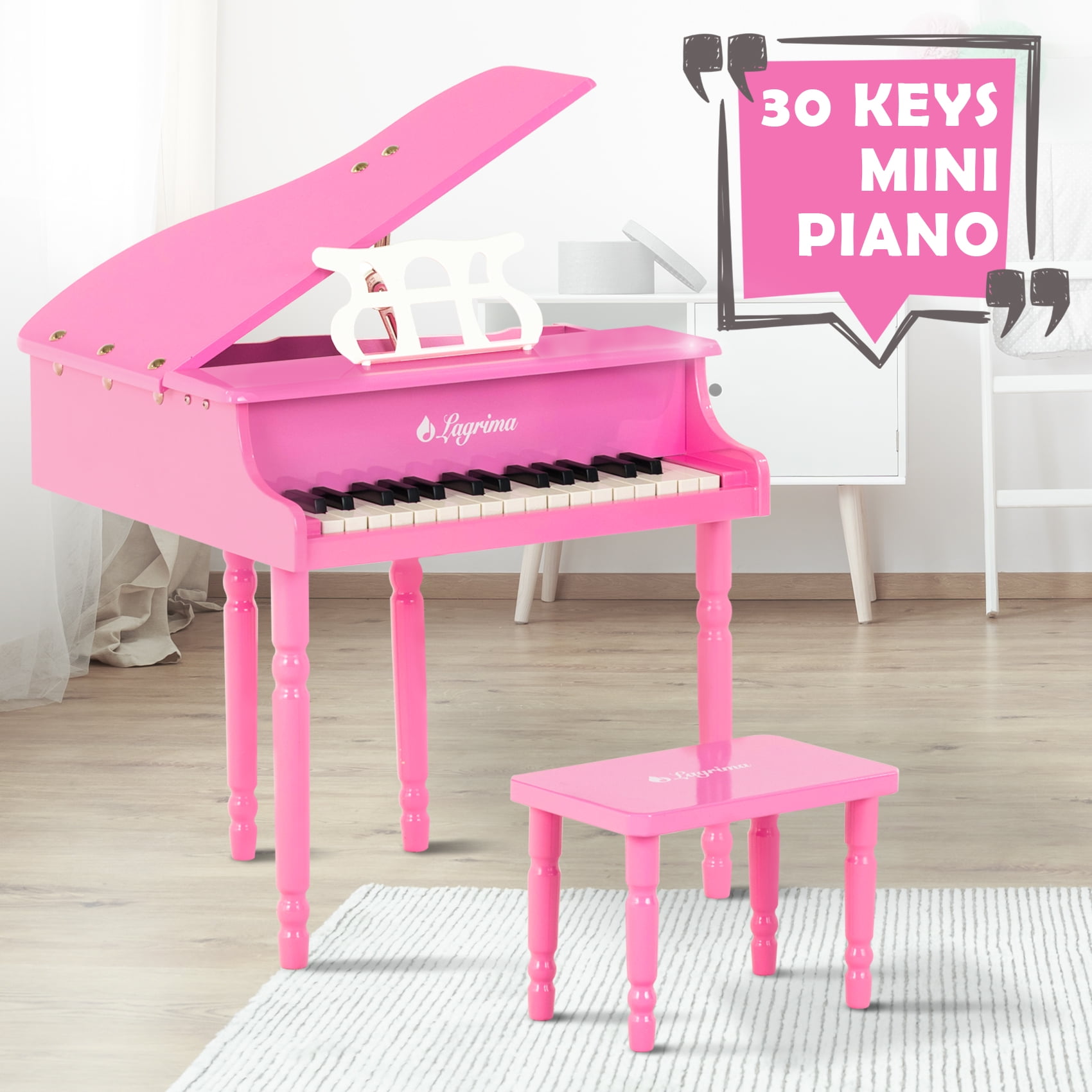 30 Key Electric Kids Mini Piano Children Grand Wood Musical Toy Pink W/Bench 