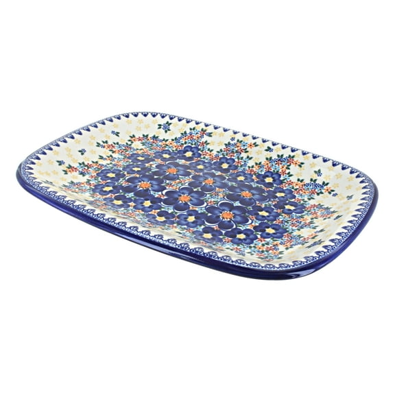 Blue Rose Polish Pottery Blue Dahlia Large Rectangular Serving Platter