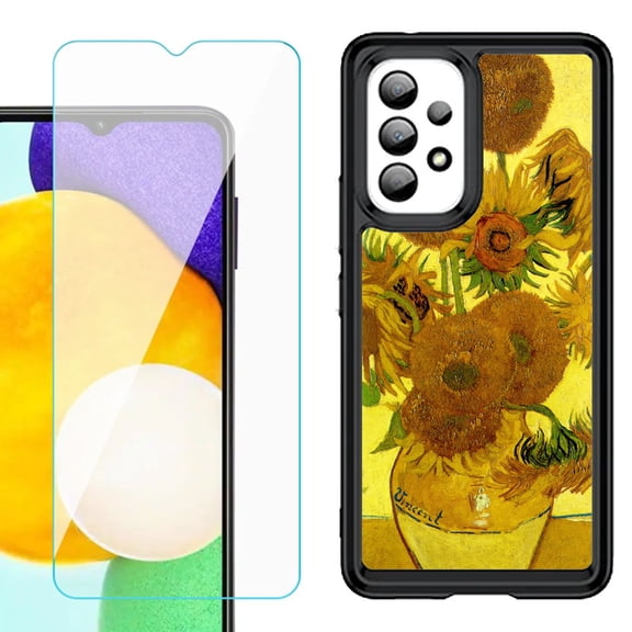 Shockproof Bumper (Black Frame) phone Case for Samsung Galaxy A23 5G, with Tempered Glass Screen Protector, by OneToughShield ® - Sunflower