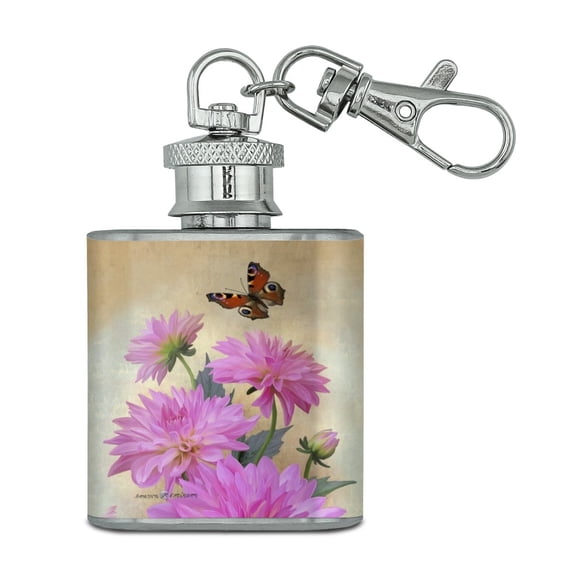 Pink Dahlia Flowers and Butterfly Stainless Steel 1oz Mini Flask Key Chain