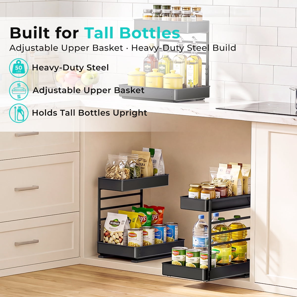 Everie Adjustable 2-Tier Pull Out Under Sink Organizer Heavy Duty Metal Slide Shelf for Kitchen Bathroom Cabinet 16" Deep 2-Pack Black