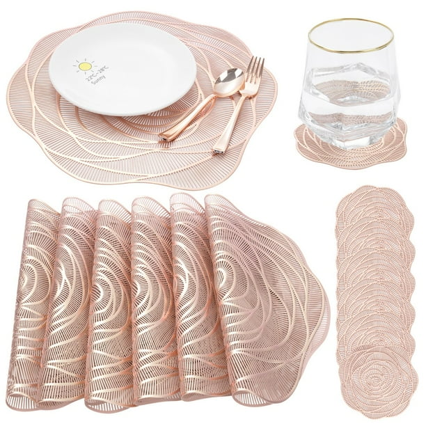 Placemats and Coasters Set of 6, Rose Golden Table Mat Pressed Round