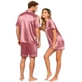 thumbnail image 5 of （Mens） Lightweight Summer Couple Satin Silk Button Down Short Sleeve Top Casual Shorts Matching His Hers Outfit Purple Pink L, 5 of 7