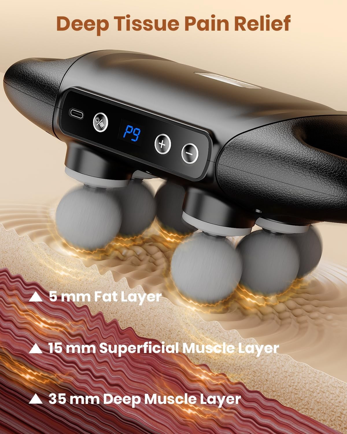 Massage Gun, 6 Head Deep Tissue Back/Shoulders/Legs/Arms/Neck Massager, 9 Speed Levels, Ideal Gift for Parents & Friends