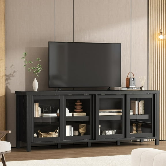 Farmhouse TV Stand for 65/75 Inch TVs, Rustic Wood Tv Cabinet with Storage Cabinet and 2 Mesh Doors, Vintage Entertainment Center for Living Room, Bedroom