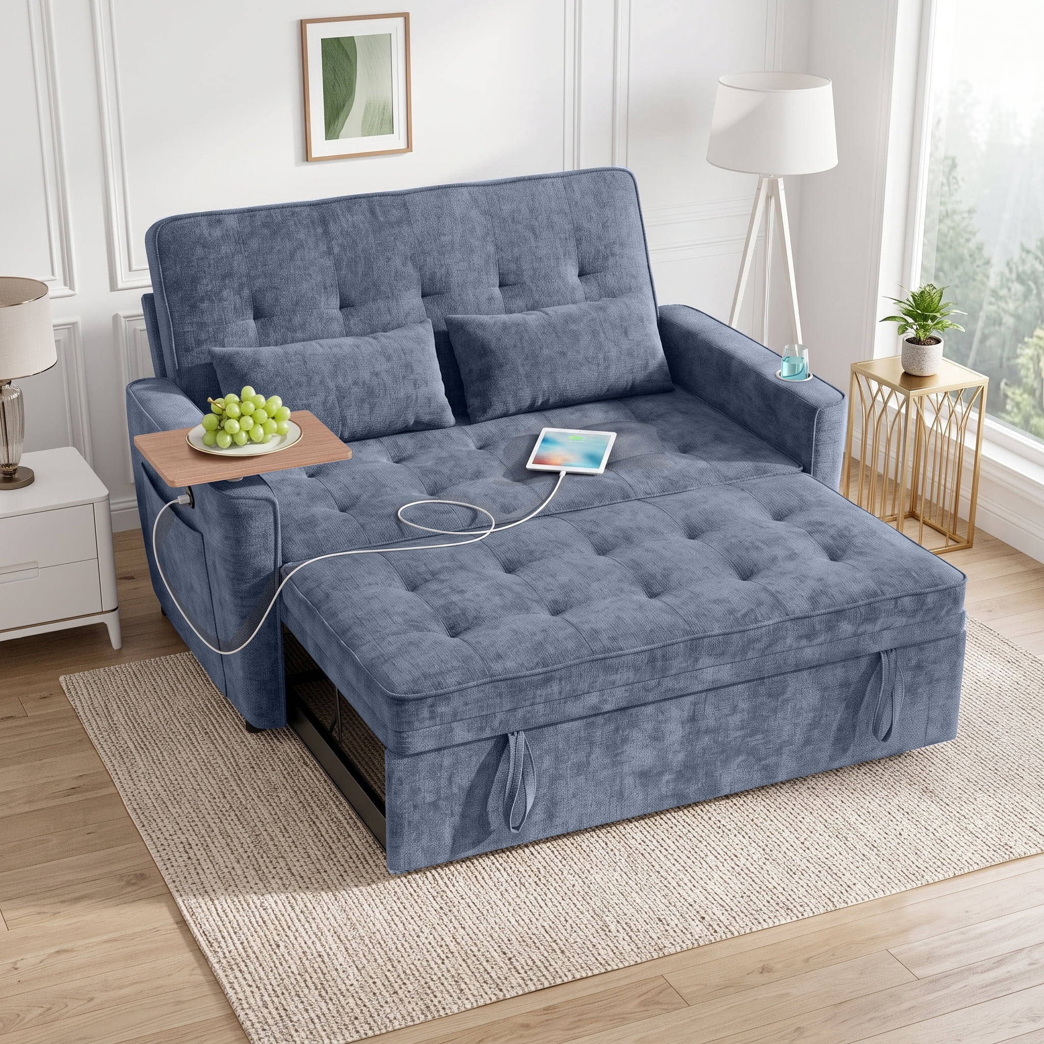 AISWORD 54" Convertible Pull Out Sleeper Sofa Bed, Chenille Loveseat Couch with USB Port, Side Tray Table, Cup Holder, Storage Pockets & Adjustable Backrest for Small Spaces, Blue