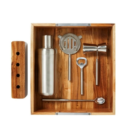 

en 7-Piece Stainless Steel Mixologist Set with Wooden Tray