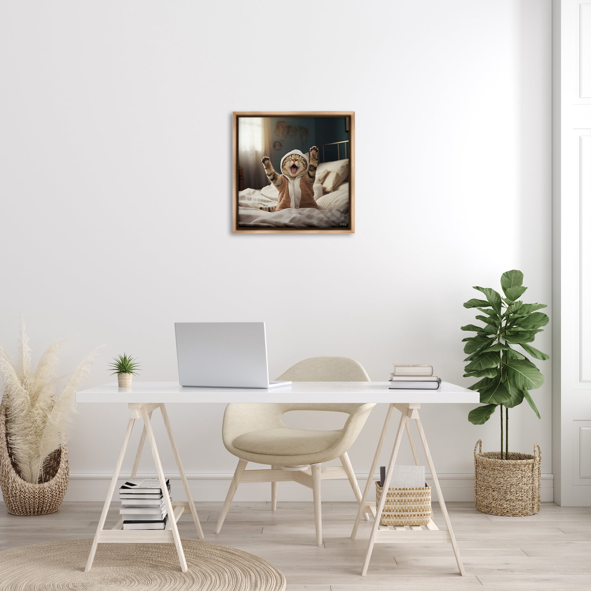 Stupell Industries Yawning Cat in Bed Animals & Insects Painting Brown Floater Framed Canvas Art Print Wall Art, 25 x 25