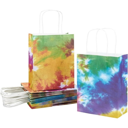 Tie Dye Paper Bags 24pcs Retro Gift Bags 8.2x6.2 inch Colorful Party Paper Bags Candy Favor Bags Gift Wrapping Bags with Handle for Tie Dye Party Favors Decor Birthday Party Decor