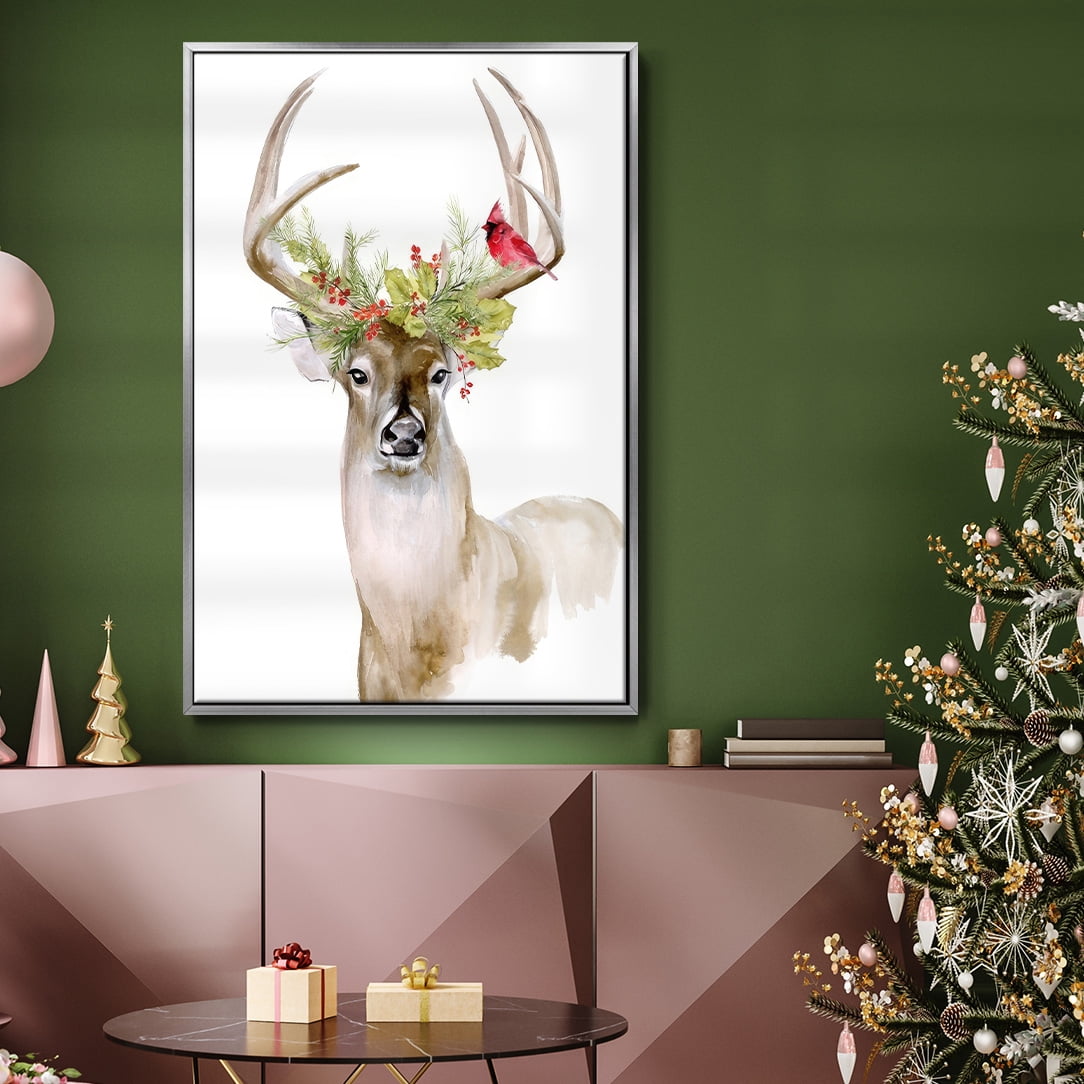Holiday Deer I - Framed Gallery Wrapped Holiday Canvas - 25 x 37 - Silver Frame