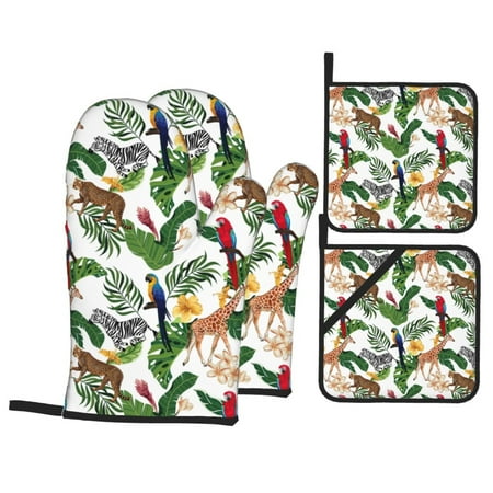 

Oven Mitts and Pot Holders Sets 4 pcs zebra Giraffe leopard palm leaves Non-Slip Oven Gloves Potholders Soft Quilted Lining Heat Resistant Gloves Hot Pads for Kitchen Cooking Baking