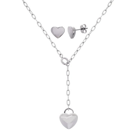 Stainless Steel Heart Rolo Chain 16" Necklace and 10mm Earring Set