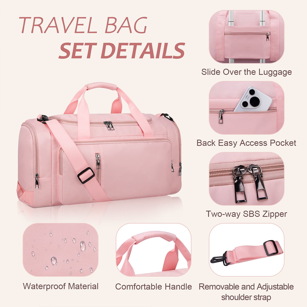 XUEYU Gym Duffle Bag Backpack Waterproof Sports Duffel Bags Travel Weekender Bag for Men Women Overnight Bag with Shoes Compartment Pink