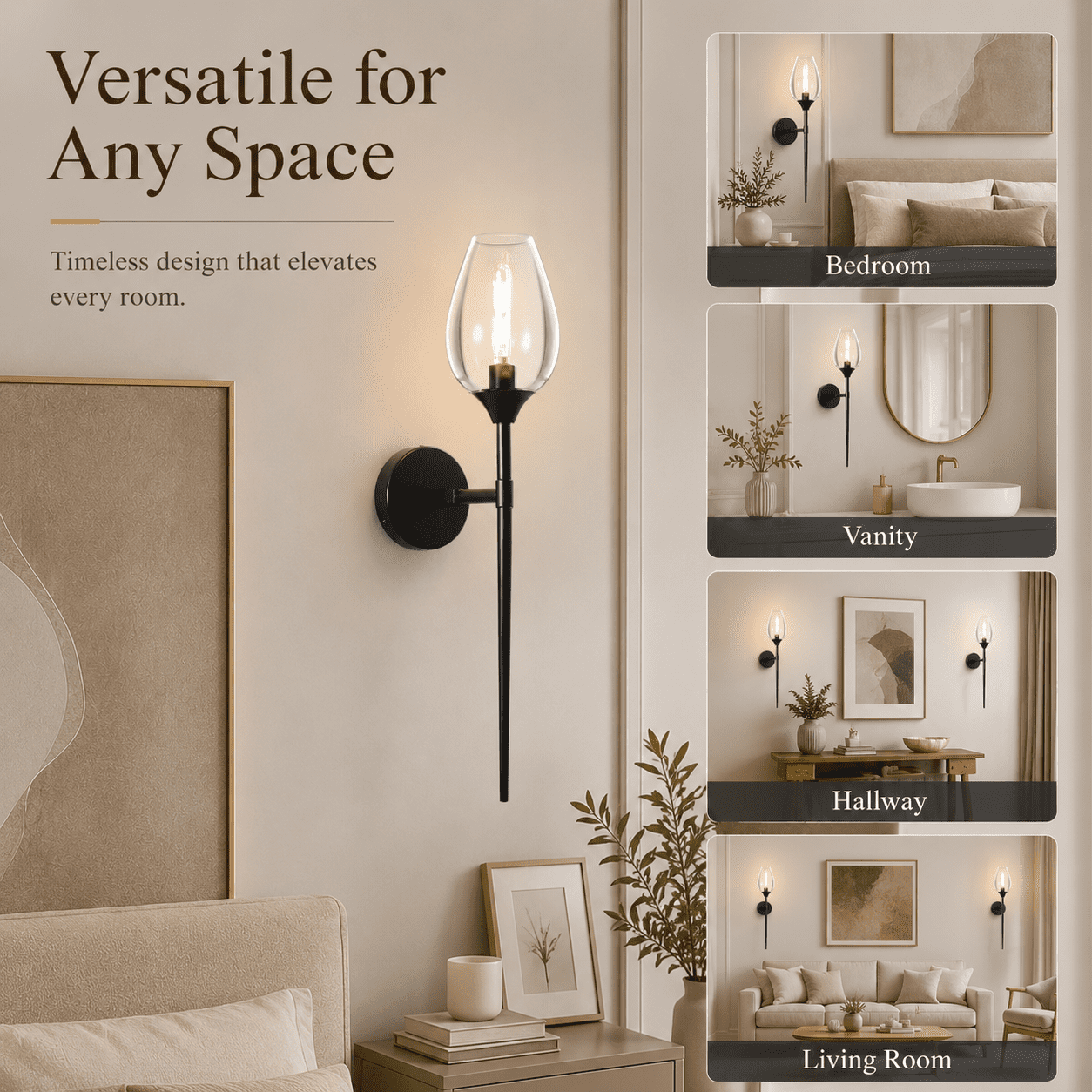 Laybasic 23.8" Modern Glass Wall Sconce Set of 2 with E14 LED Bulb Included, Elegant Wine Glass Shade Bathroom Vanity Light, Black Finish Decorative Wall Lamp for Bedroom Living Room Hallway Mirror