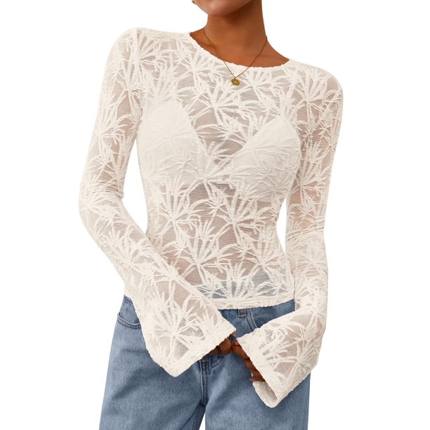 Blusa PRETTYGARDEN de Encaje Beige Transparente con Mangas Acampanadas Largas M