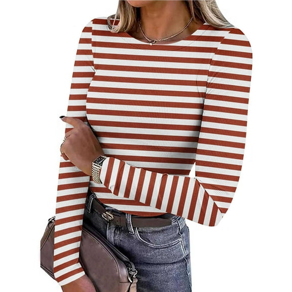 CHGBMOK Womens Long Sleeve Stripes Shirts Slim Fitted Stretch Tees Casual Crew Ceck Basic Layer Blouses