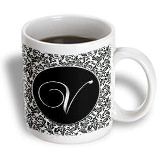 

3dRose Letter V - Black and White Damask Ceramic Mug 11-ounce