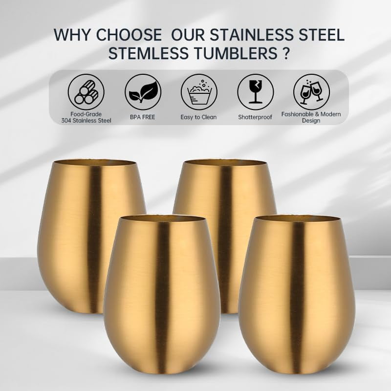 Buyer Star 304 Stainless Steel Wine Glasses Set of 4 - Gold 17 oz Outdoor Wine Tumblers