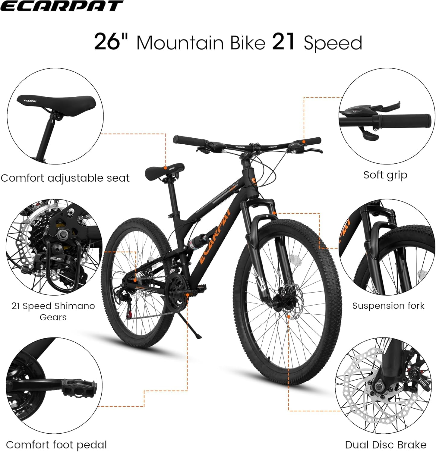 Ambifirner Mountain Bike, 26 Inch Bike,21-Speed Drivetrain, Aluminum Frame, Suspension Fork, Dual Shock Absorptio, Mechanical Disc Brakes, Ideal for Trail Riding & Touring, 85% Pre-Assembled