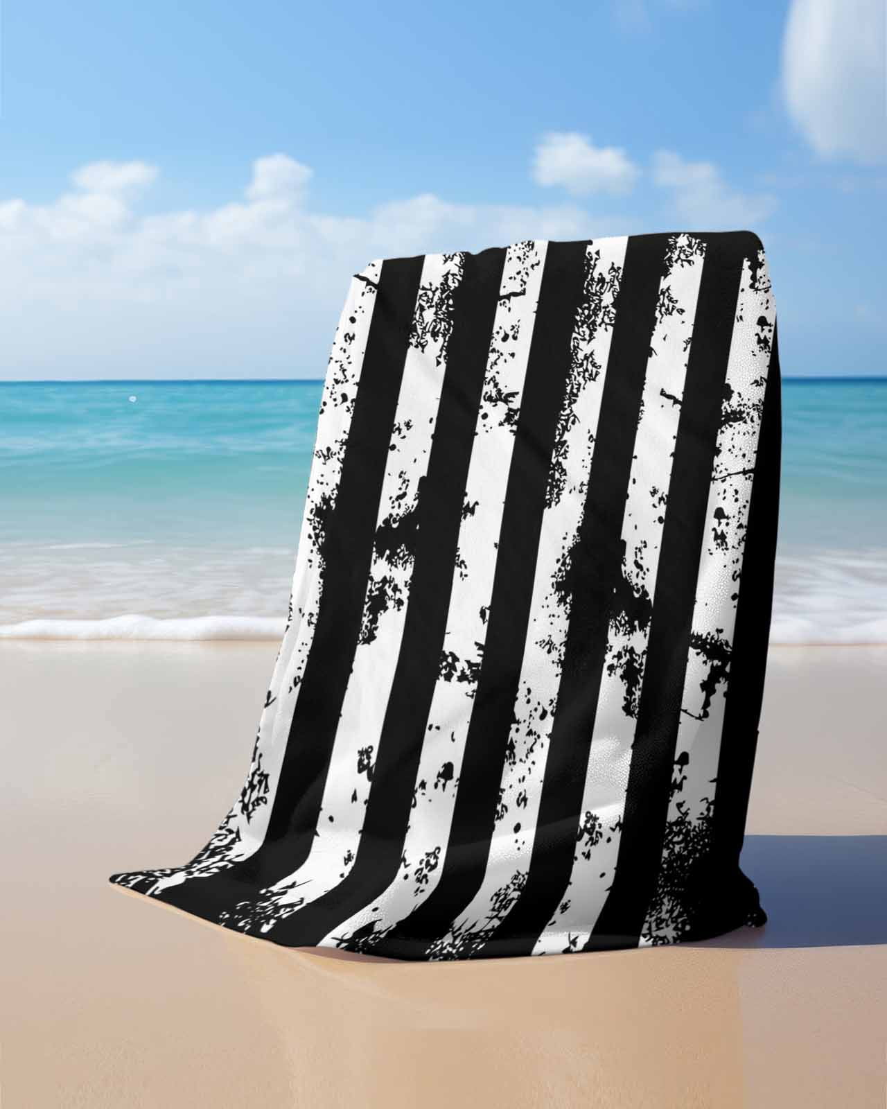 Black White Beach Towels Oversized Super Absorbent, Retro Stars Stripes Flag Shabby Chic Texture Lightweight Bath Towel Quick Dry Sets For Bathroom/Pool/Rv Camping/Beach Play/Gym Room/Picnic 35"x70"