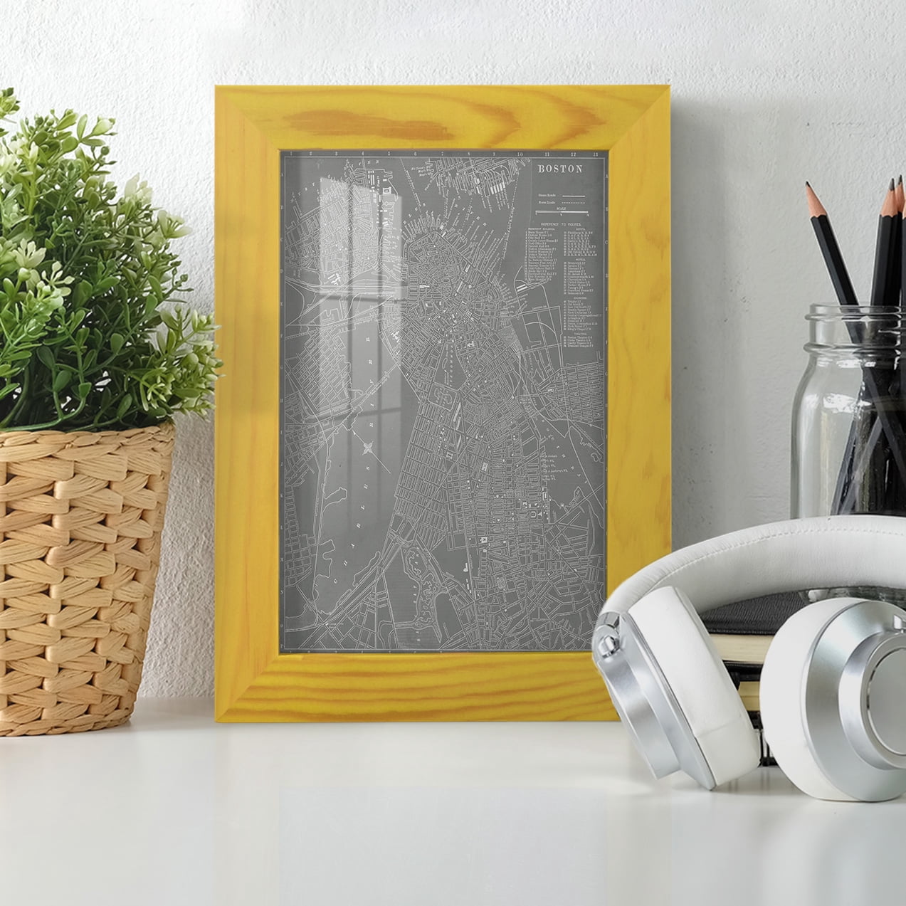 City Map of Boston -Framed Print w/glass-Sunflower Yellow