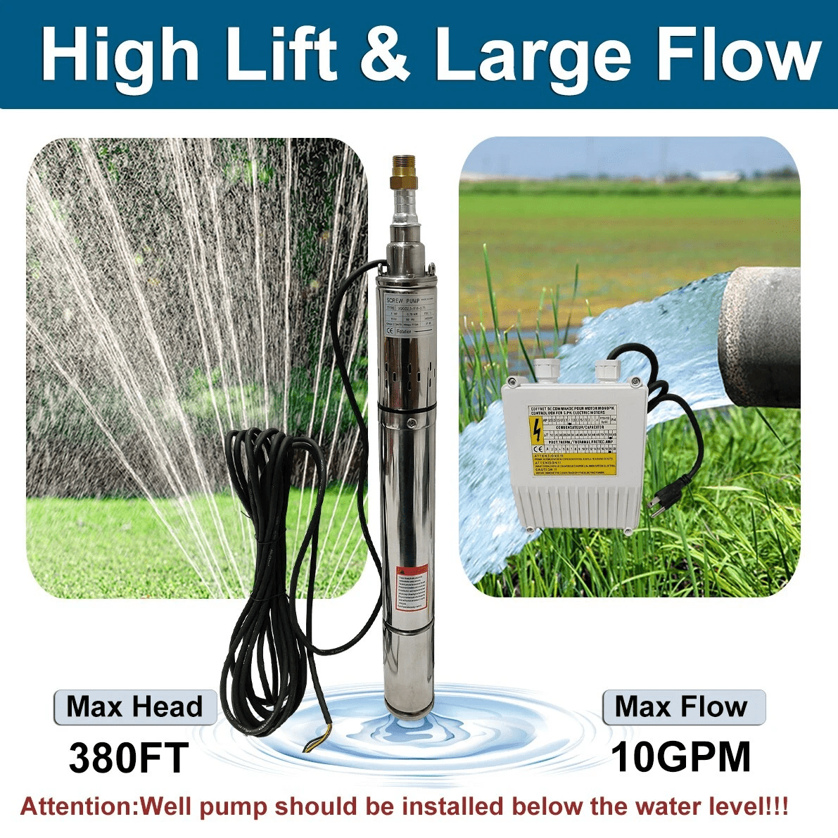 iMeshbean 1HP 3" Deep Well Submersible Pump Stainless Steel Screw Pump 380FT Hmax 10GPM 110V w/Control box
