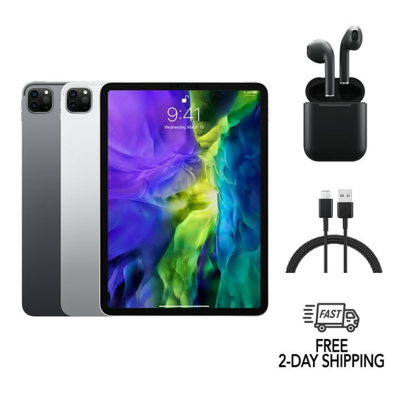 iPad Pro Apple Remis à Neuf 11 Po (2020) A2068 (Wi‐Fi + Cellulaire Déverrouillé) 256 Go Argent (Grade A+) avec Écouteurs Sans Fil