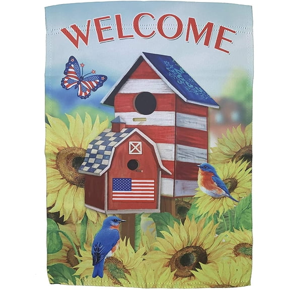 Spring Patriotic Birdhouse Garden Flag - 12" x 18", Welcome, President's Day, Memorial Day, Spring, 4th of July, Summer, USA