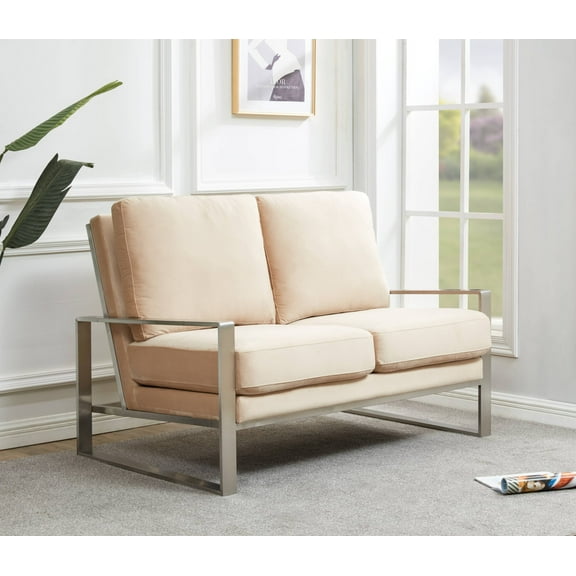 Leisuremod Jefferson Modern Design Velvet Loveseat With Silver Frame Beige