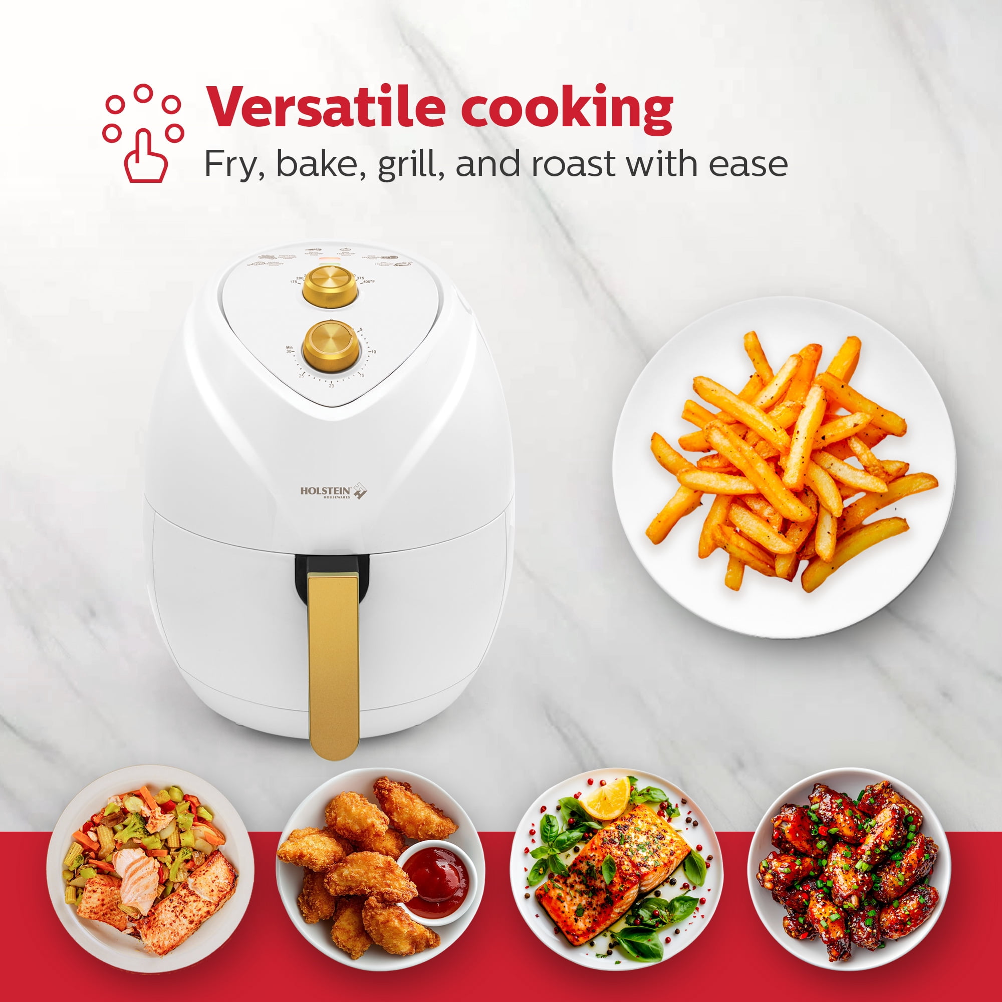 Holstein Housewares 4.8QT Air Fryer - Convenient and User Friendly with Optimal Cooking Functions to Fry, Bake, Grill and Roast, White and Gold