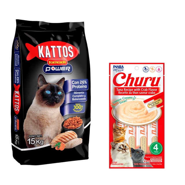 Kattos Fortachon Power 15 kg + Churu Atún con Cangrejo Sobre con 4 Tubos de 14 g