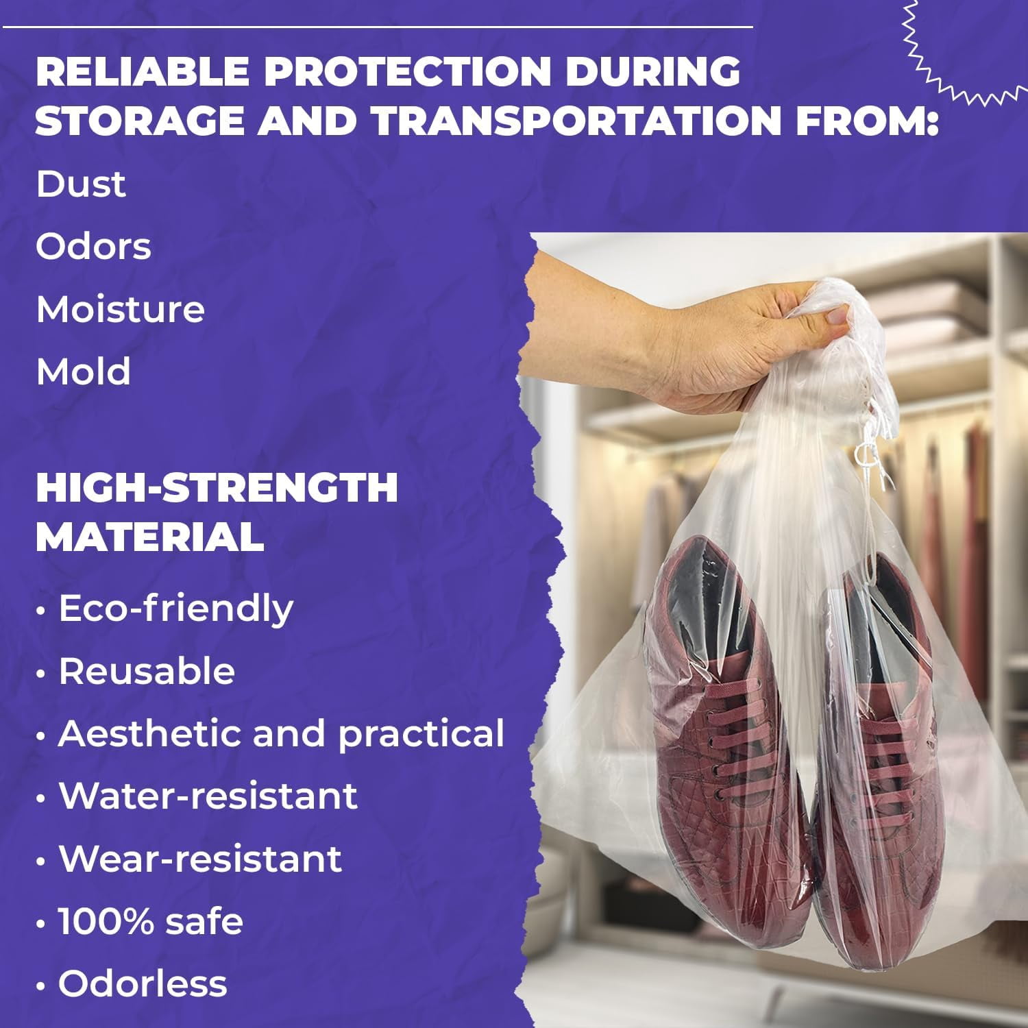 Clear Drawstring Shoe Travel Bags, Waterproof PE Plastic, 100 Count, 12 x 16 in
