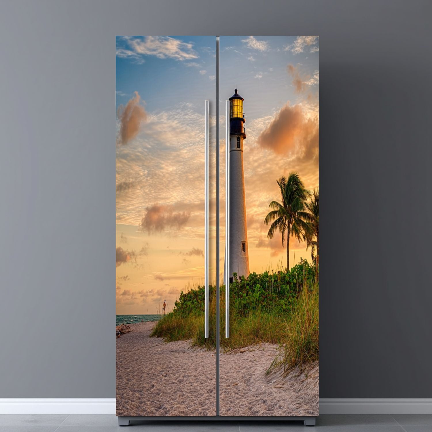 Self Adhesive Vinyl Refrigerator Wrap Set Cape Florida Lighthouse Lantern Park Florida Door Mural Removable Fridge Sticker Peel and Stick&nbsp;Full Door Cover Decal Kitchen Bar Decor