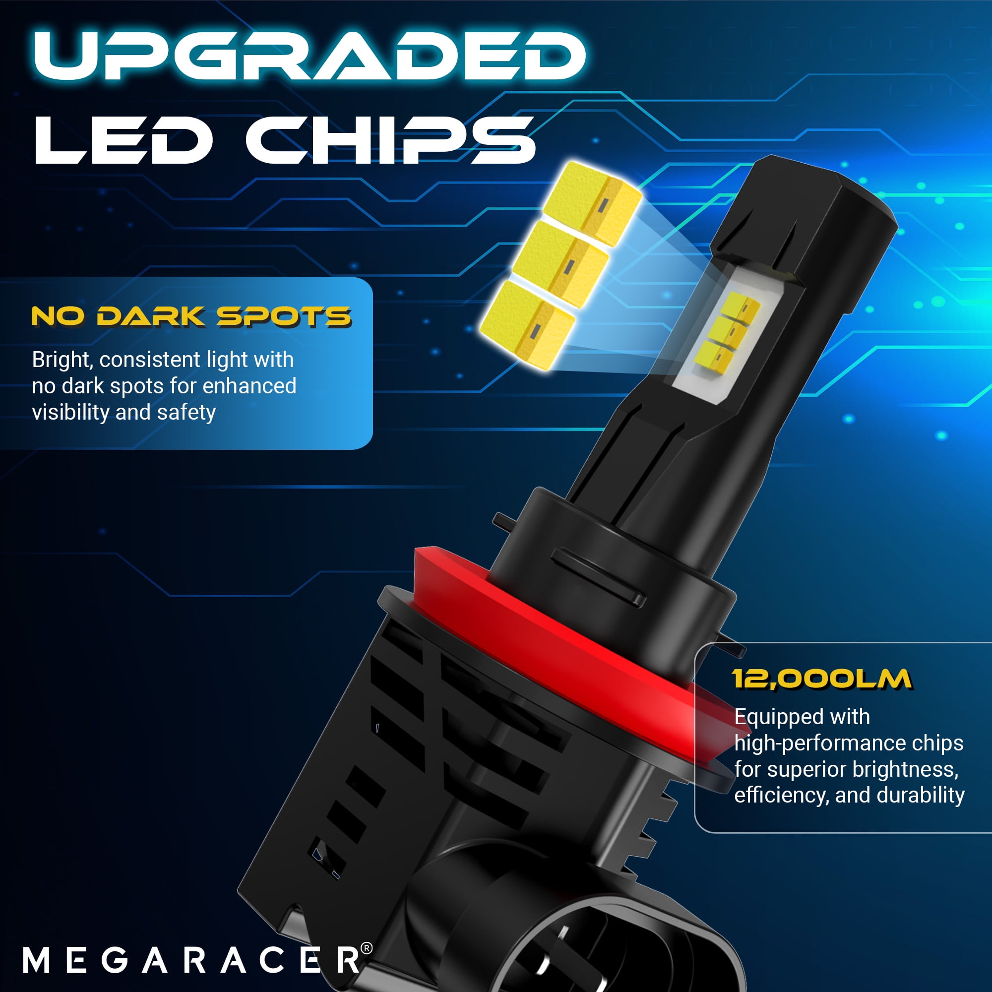 Mega Racer Wireless H11 H9 H8 H16 LED Headlight Bulb - 6500K Bright White 12V 50W 12000LM - Low Beam Replacement Car Bulbs