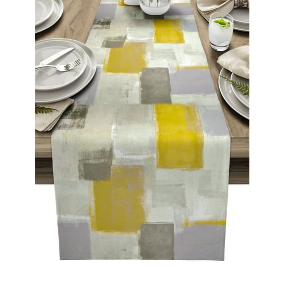 Table Runner Dresser Scarves 90 Inch Long, Modern Abstract Yellow Gray Linen Dining Table Runners Graffiti Pattern Tabletop Scarf for Wedding Holiday Party Kitchen