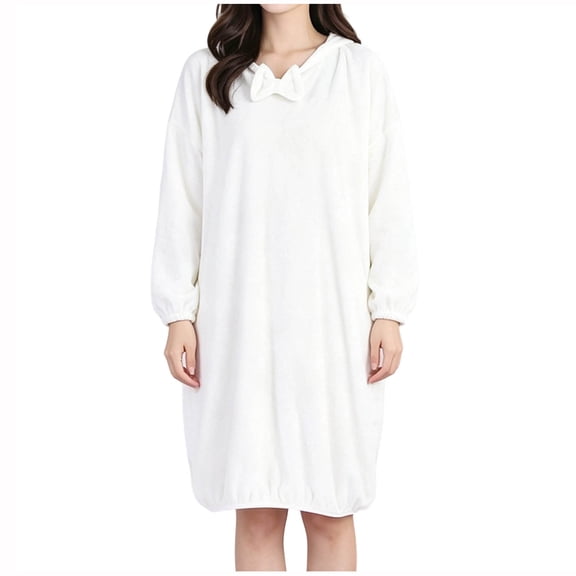 Kaemgyyd Womens Hooded Pullover Robe Knee Length Plush Bathrobe Soft Fluffy Lounger Robes Bow Front Clothes(White,One Size)