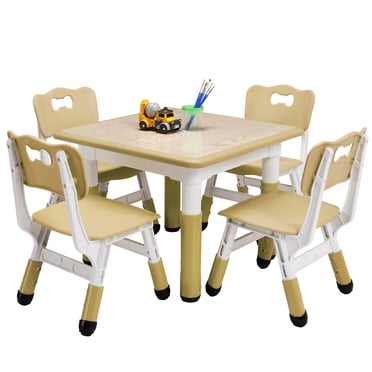 Kids Table & 4 Chairs Set, 23" Height Adjustable Toddler Table and 4 Chairs with Non-Slip Desk Legs & Organizer Graffiti Desktop, Max 300Lbs, Children Multi-Activity Set for Classrooms, Daycares