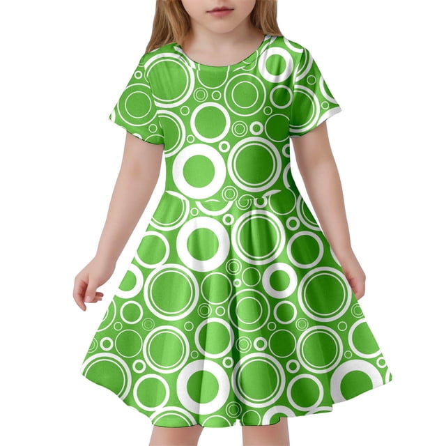 Robes Décontractées pour Tout-Petites Filles Été à Pois Col Rond Manches Courtes Coupe Ajustée Ligne A Mode Robe d'Été Tenue de Vacances, Vert, 4-5 Ans