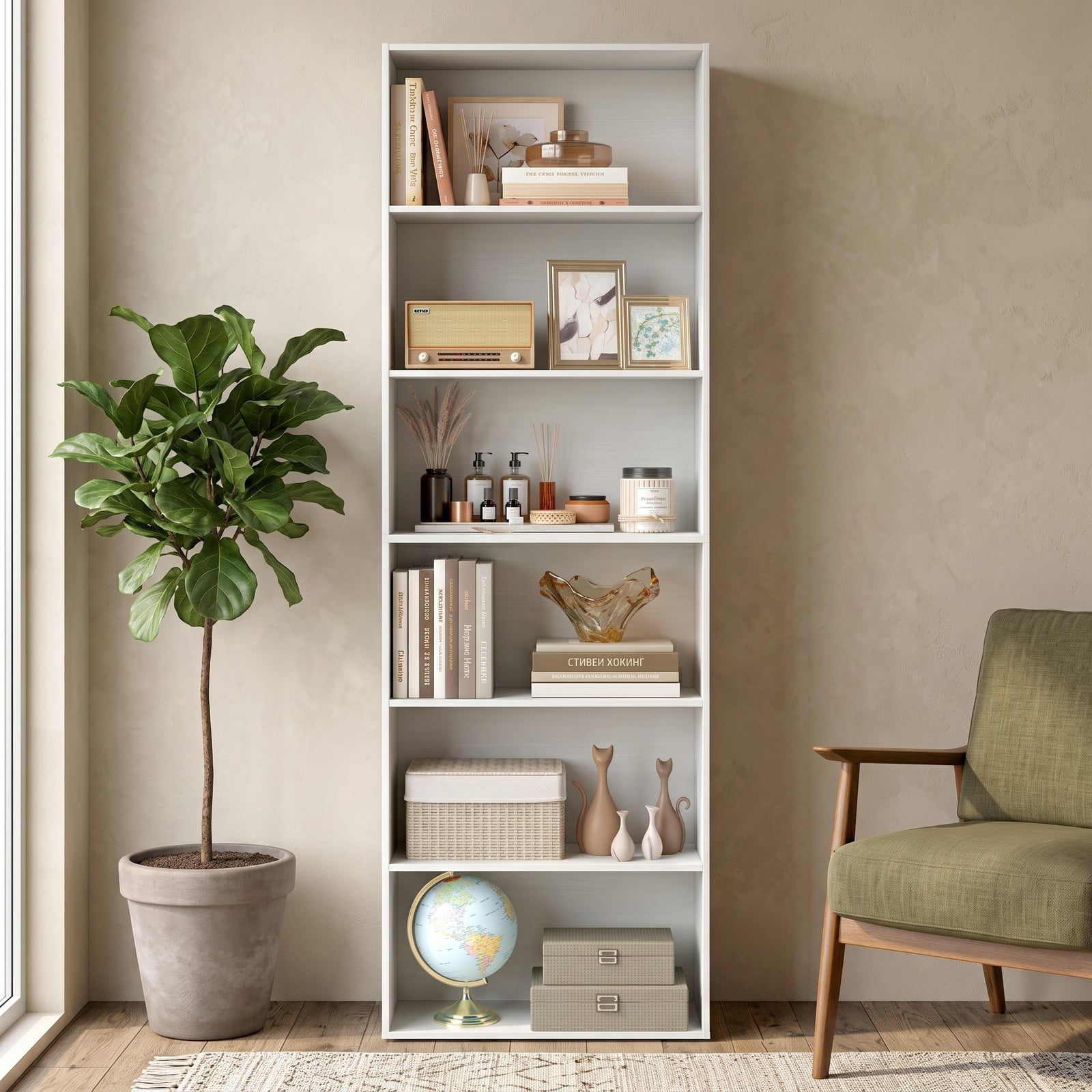 Furnibear 6-Tier Tall Bookcase with 6 Open Shelves, Freestanding Wood Bookshelf Storage Organizer with Anti-Toppling Kits for Living Room Study Home Office, White