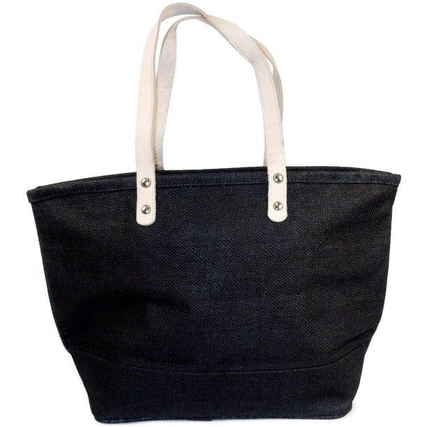 PrimeLine Jute Tote Bag With Leather Handles Burlap Purse