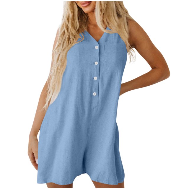 Diufon Plus Size Rompers for Women Summer Sleeveless Solid Color Button V Neck Wide Leg Shorts Jumpsuits