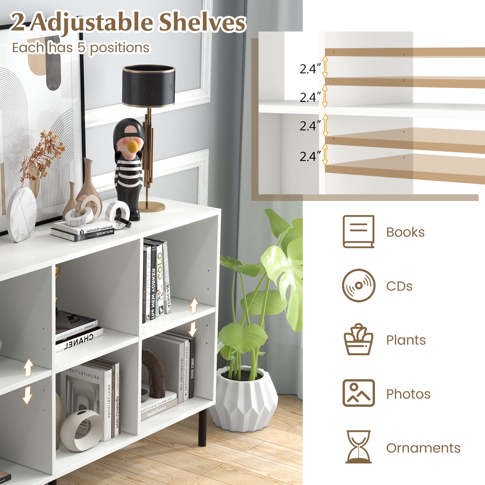 Giantex 6 Cube Storage Organizer Bookshelf, Wood Open Bookcase w/Metal Legs, Adjustable Display Shelf, White