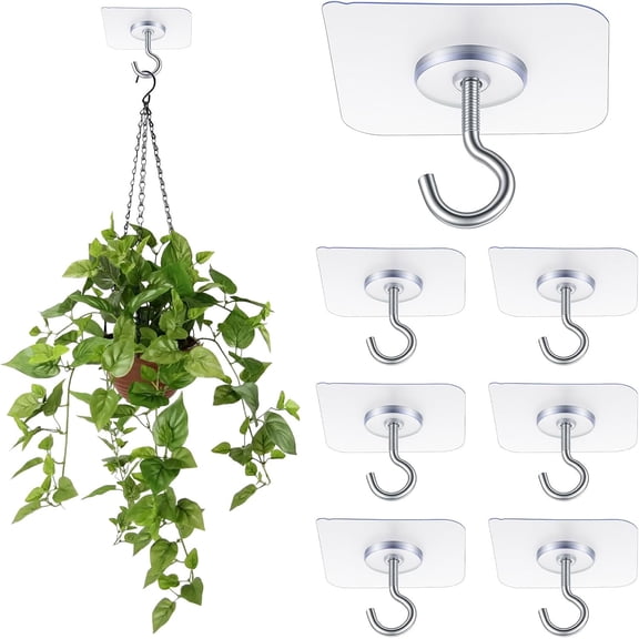 6 Pack Adhesive Ceiling Hooks 30lbs Heavy Duty Transparent Wall Hangers For Plants