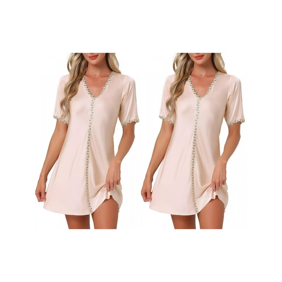 NOMADIC NOOK Women's 2 Pack Floral Sleepdress Soft V-Neck Short-Sleeve Loungewear X-Small 2 Packs Beige