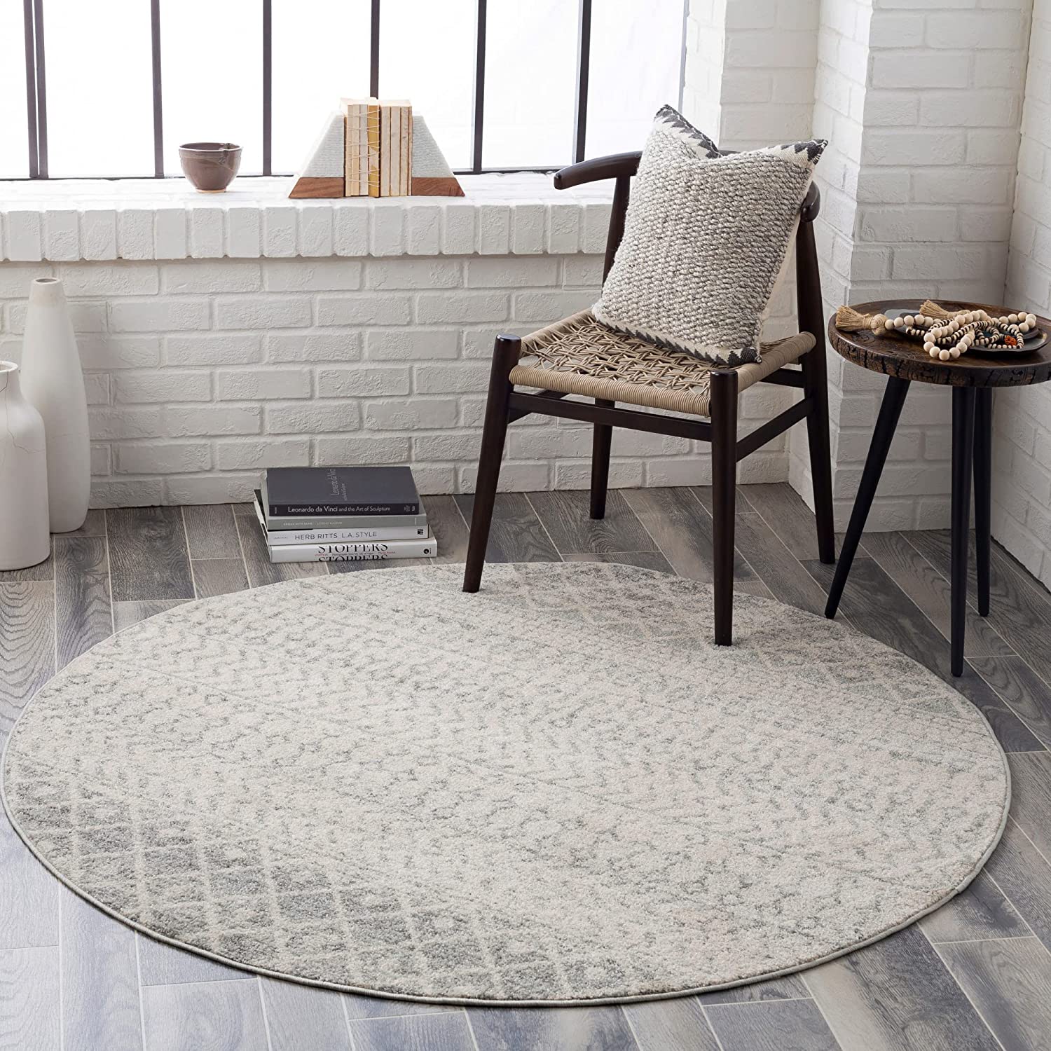 Chester Boho Moroccan Area Rug,6' Round,Grey