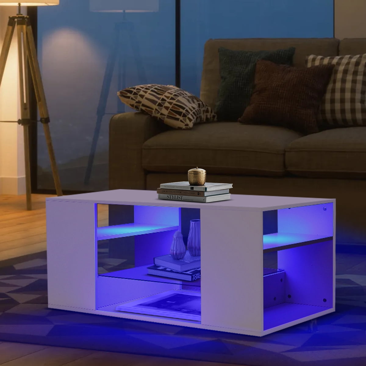 Hommpa White Coffee Table LED Coffee Table with Storage Modern Living Room Table Glass Open Shelves Rectangle Cocktail Center Tables High Gloss