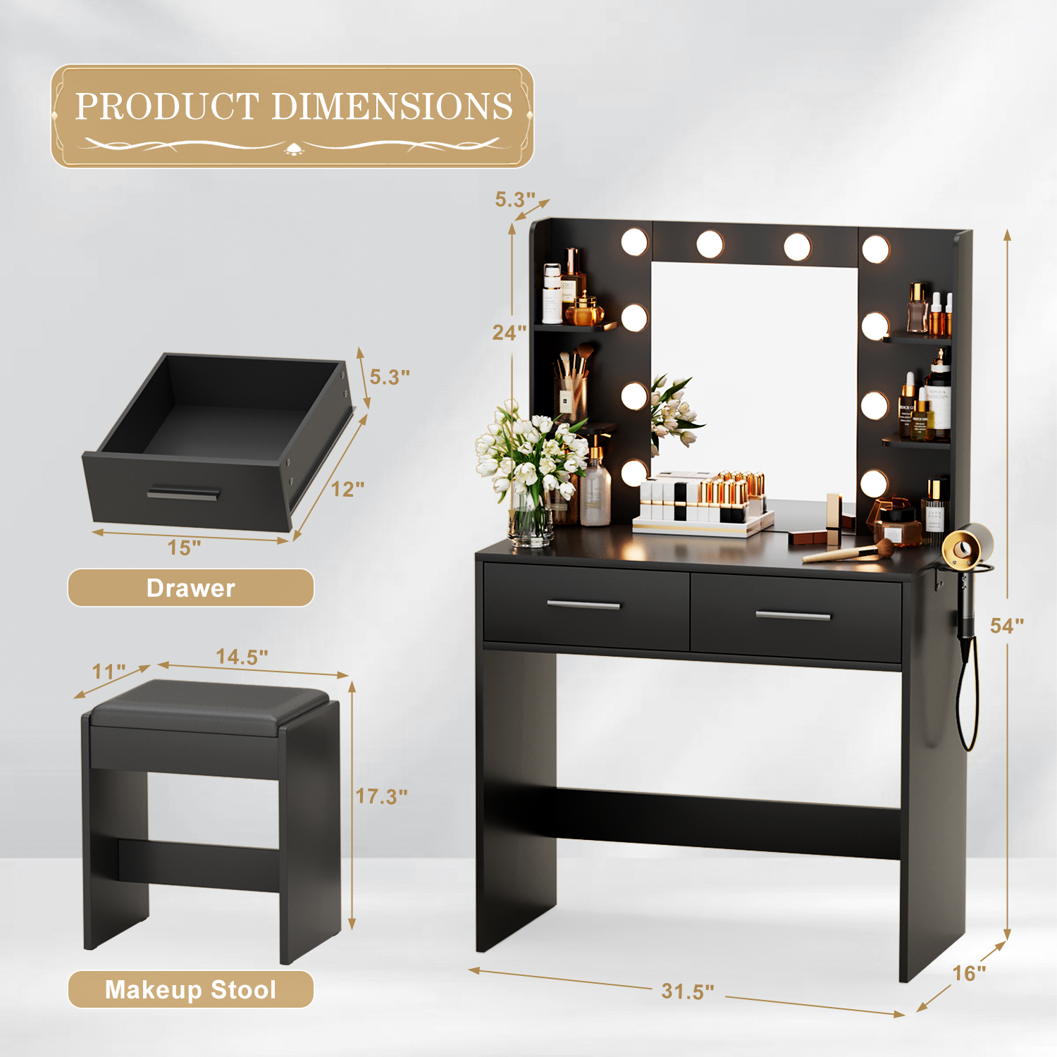 Vineego Makeup Vanity Desk with Lighted Mirror & Power Outlet, Makeup Vanity with stool,Black