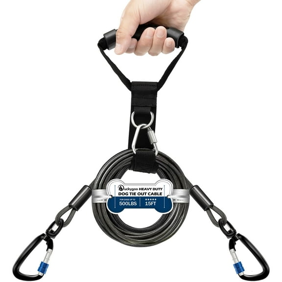 Heavy Duty Dog Tie Out Cable- Dog Leads for Yard & Camping, Rust Proof Leash Cable with Carrying Handle, No Tangle Tether for Medium to Large Dogs Up to 500lbs,15ft,Black