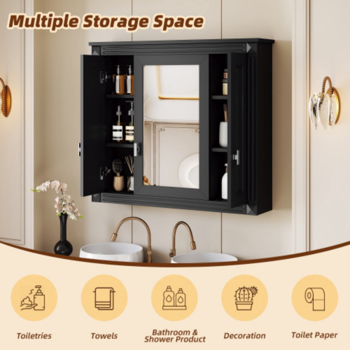 Bathroom Wall Cabinet with Mirror, Wall Mounted Medicine Cabinet with 5 Shelves, Over Toilet Storage Cabinet with Adjustable Shelves, Mirrored Door Bathroom Cabinet, Black